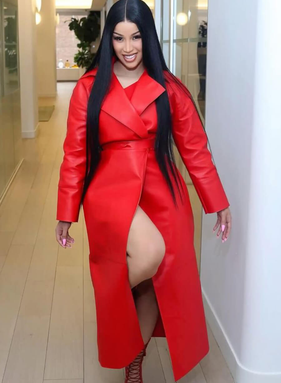 Cardi B Red Leather Trench Coat