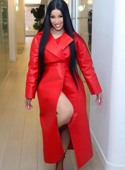 Cardi B Red Leather Trench Coat