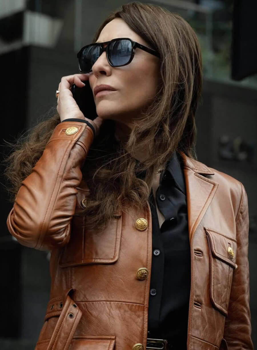 Cate Blanchett Black Bag 2025 Brown Leather Jacket
