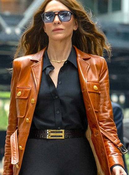 Cate Blanchett Black Bag 2025 Brown Leather Jacket