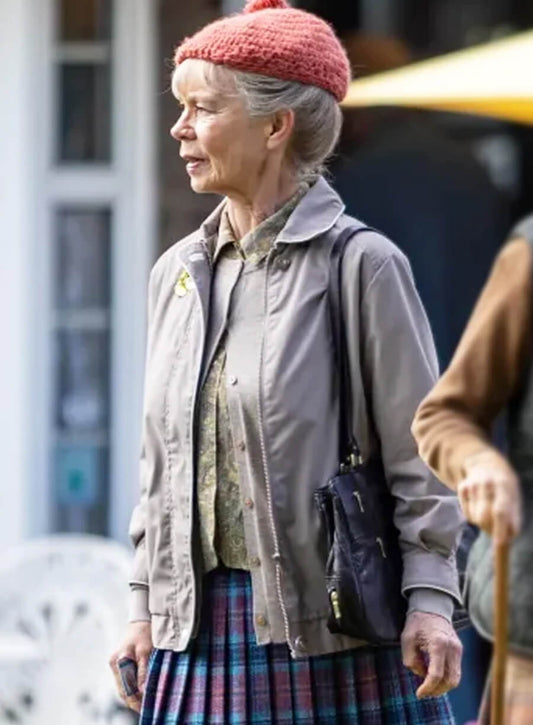 Celia Imrie The Thursday Murder Club 2025 Grey Jacket