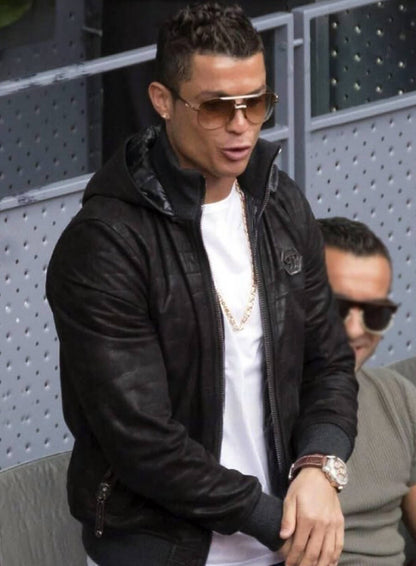 Cristiano Ronaldo Black Leather Hooded Jacket