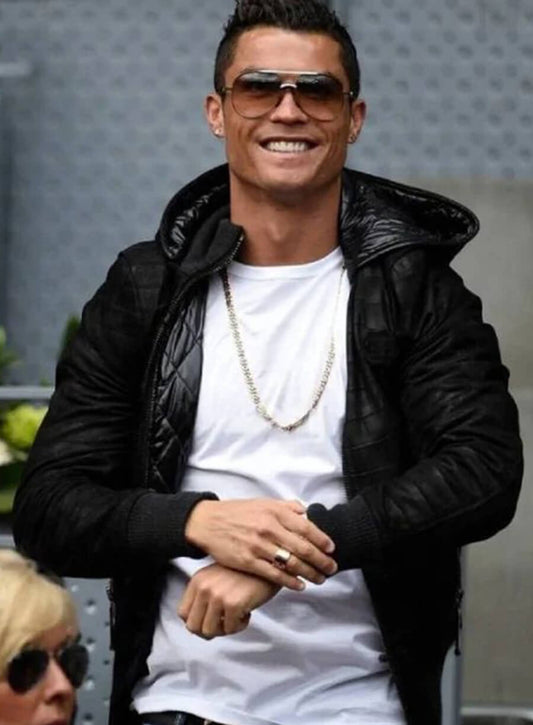 Cristiano Ronaldo Black Leather Hooded Jacket
