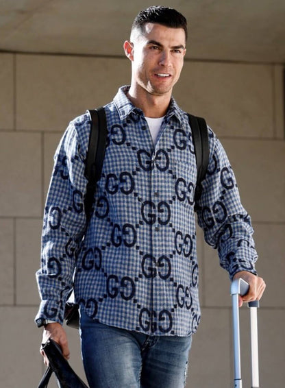 Cristiano Ronaldo Blue Checked Shirt โ LeatherJacketMerchant