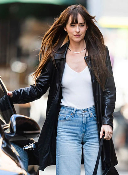 Dakota Johnson Black Leather Long Coat