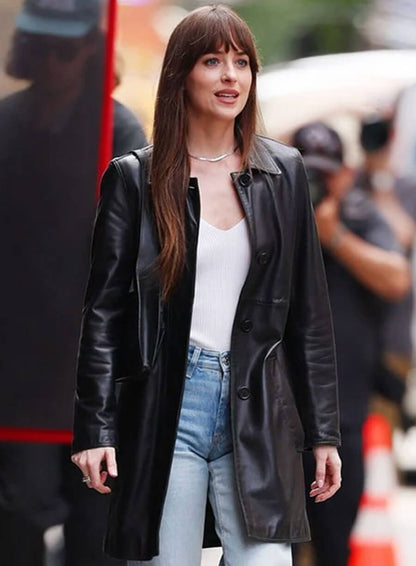 Dakota Johnson Black Leather Long Coat