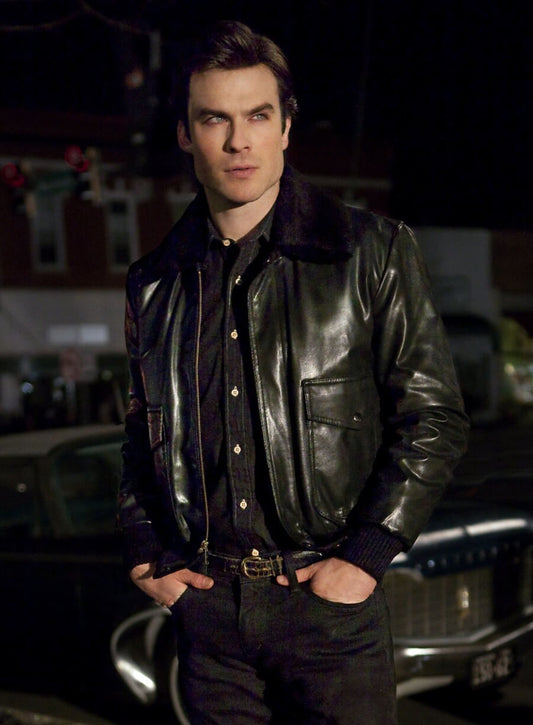 Damon Salvatore The Vampire Diaries S05 Black Leather Fur Jacket