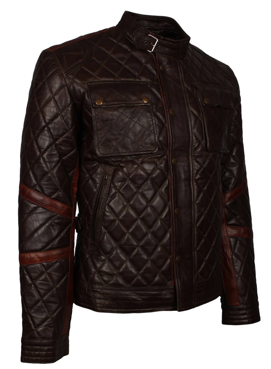Dark Brown Quilted Men Leather Jacket