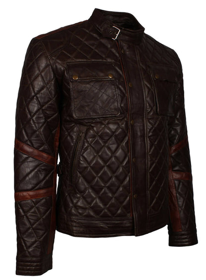 Dark Brown Quilted Men Leather Jacket