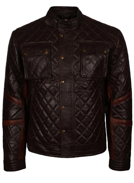 Dark Brown Quilted Men Leather Jacket