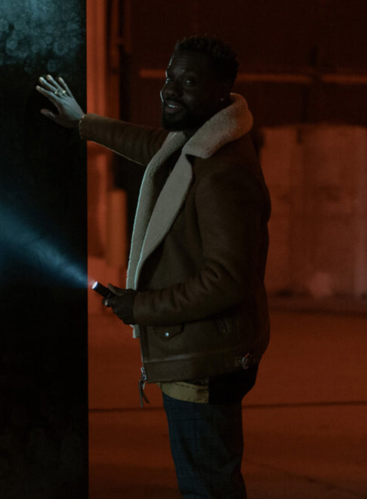 Dark Matter 2024 Leighton Vance Brown Shearling Leather Jacket