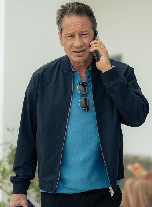David Duchovny Malice 2025 Blue Bomber Jacket