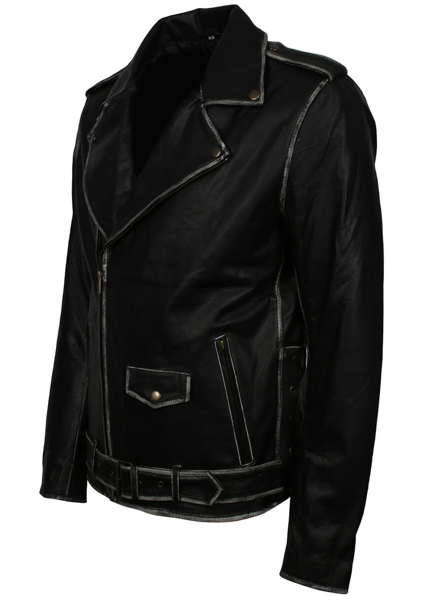 Distressed Belted Biker Real Leather Jacket