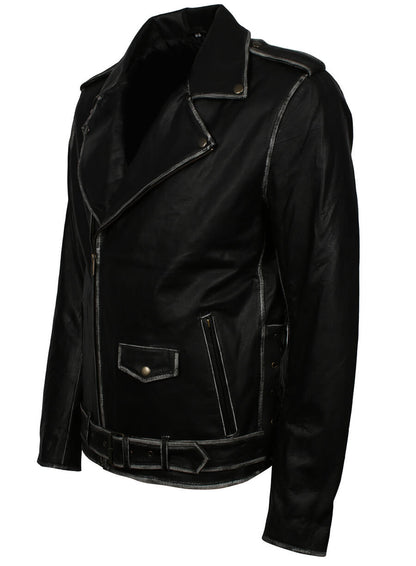 Distressed Belted Biker Real Leather Jacket