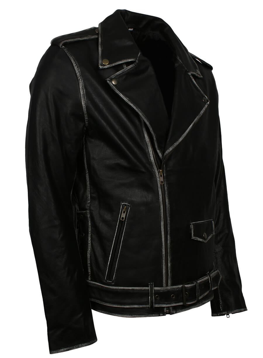 Distressed Belted Biker Real Leather Jacket