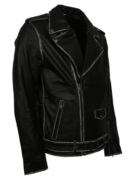 Distressed Belted Biker Real Leather Jacket