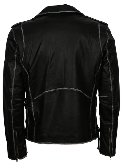 Distressed Belted Biker Real Leather Jacket