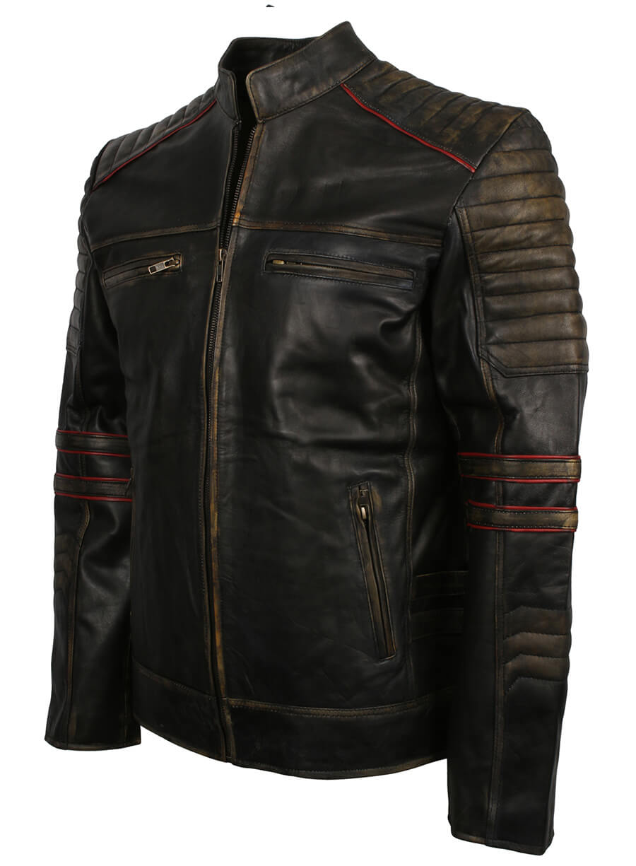 Distressed quilted Retro Biker Jacket