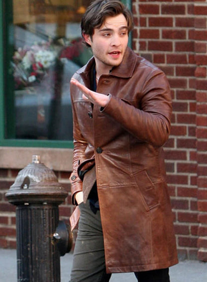 Ed Westwick Brown Leather Trench Coat