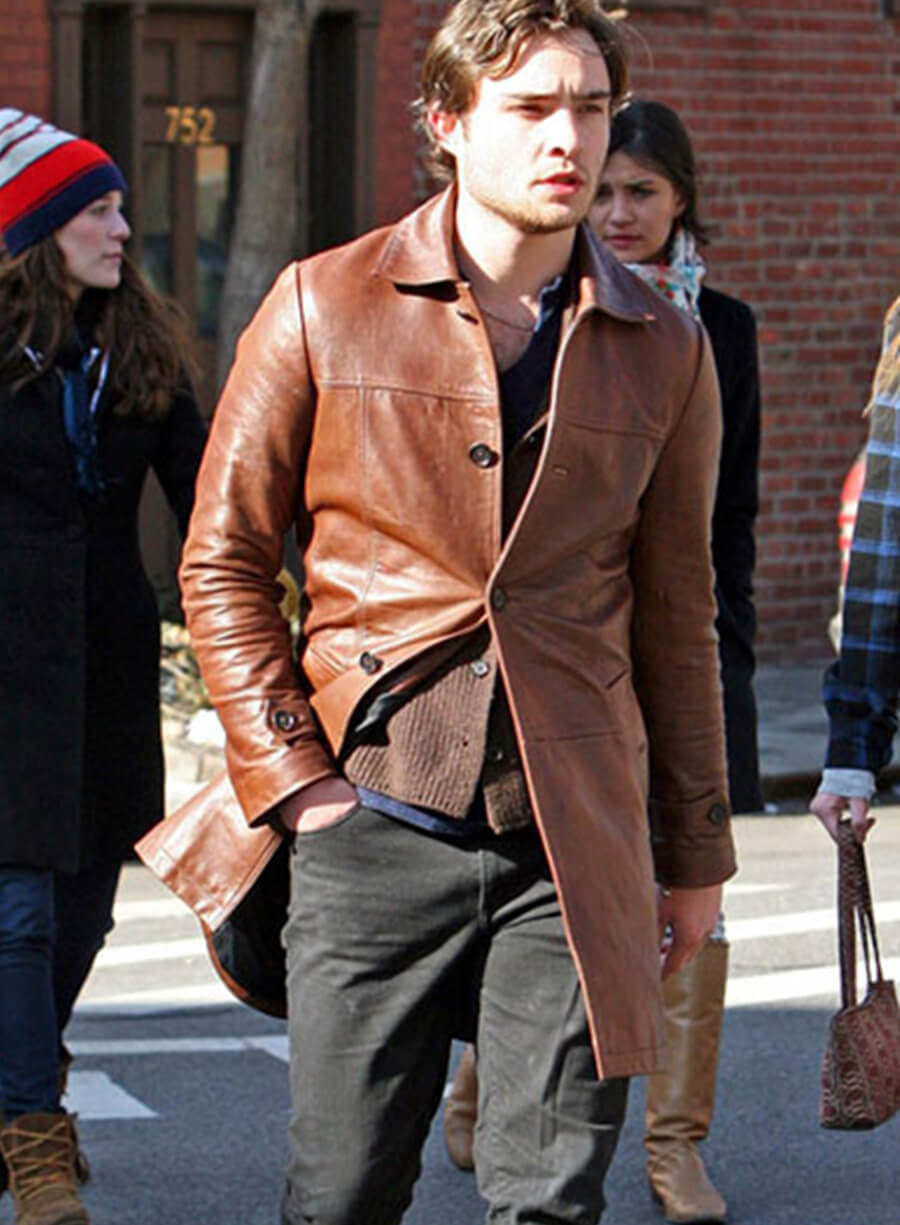 Ed Westwick Brown Leather Trench Coat