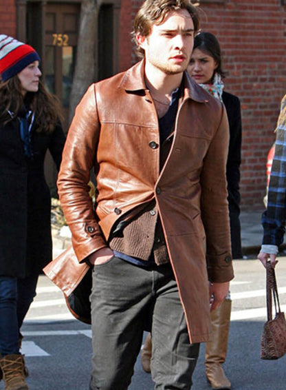 Ed Westwick Brown Leather Trench Coat