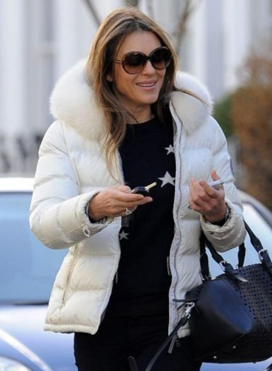 Elizabeth Hurley White Puffer Jacket