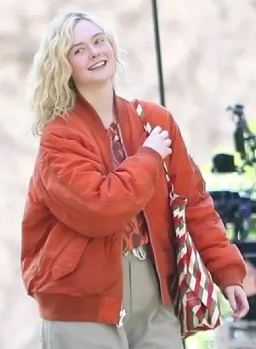 Elle Fanning Margo’s Got Money Troubles Orange Bomber Jacket