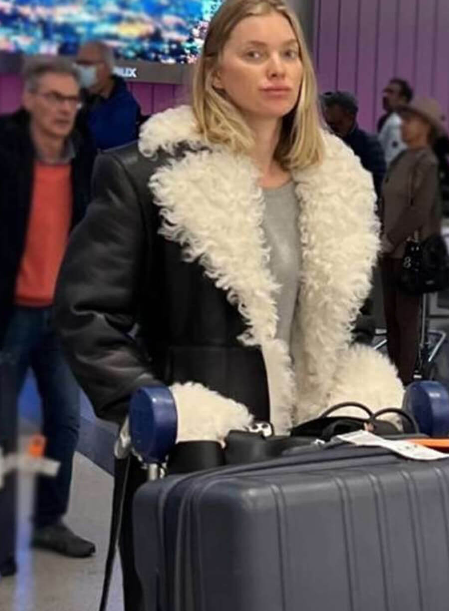 Elsa Hosk Black Shearling Leather Coat