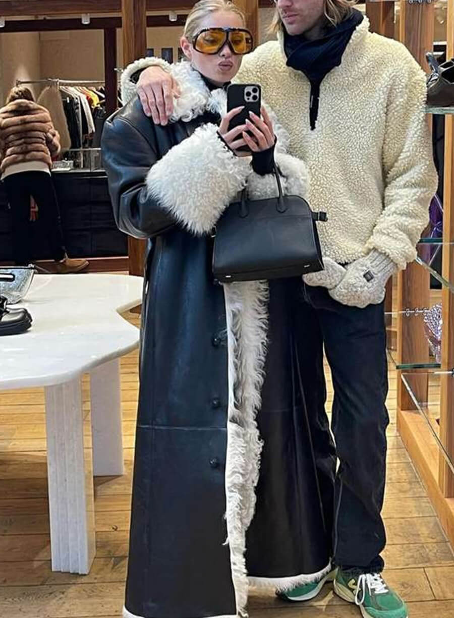 Elsa Hosk Black Shearling Leather Coat
