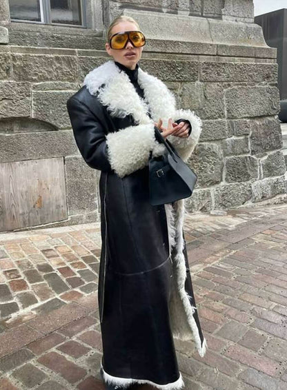Elsa Hosk Black Shearling Leather Coat