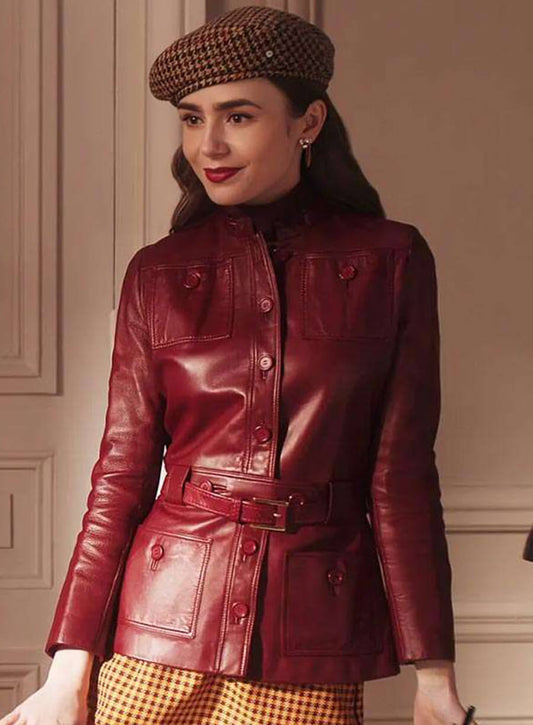 Emily in Paris Emily Cooper Maroon Leather Jacket