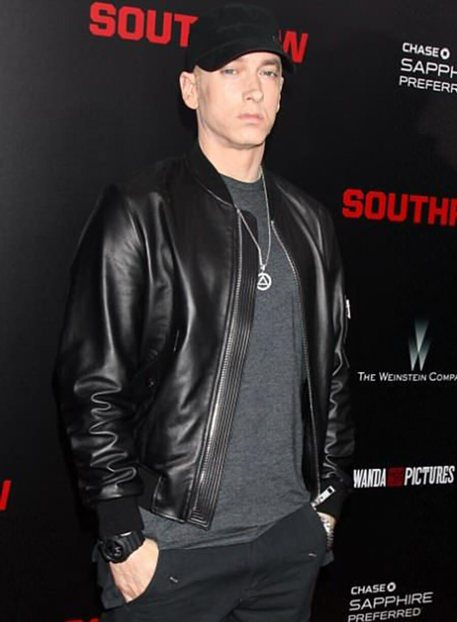 Eminem Black Leather Bomber Jacket