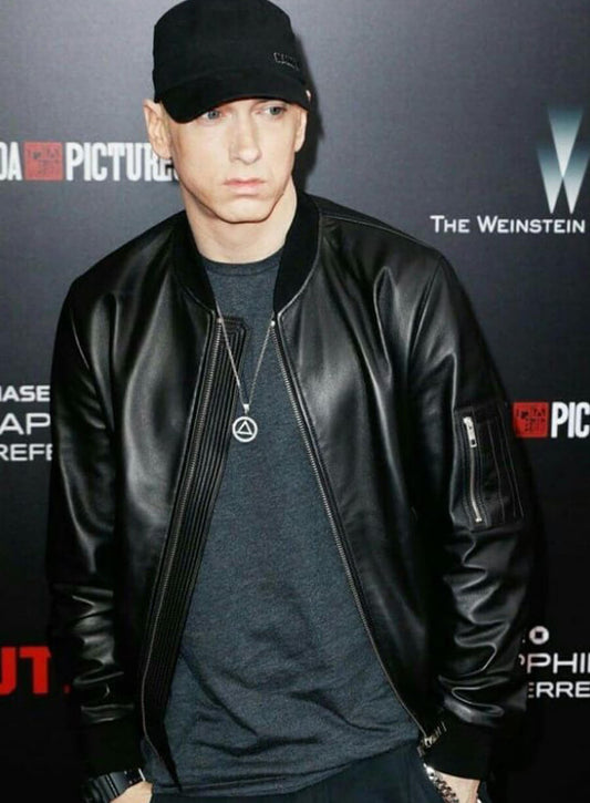 Eminem Black Leather Bomber Jacket