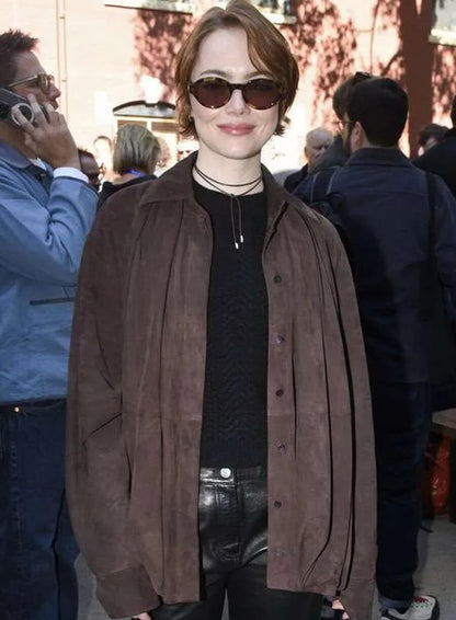 Emma Stone Bugonia 2025 Brown Suede Shirt