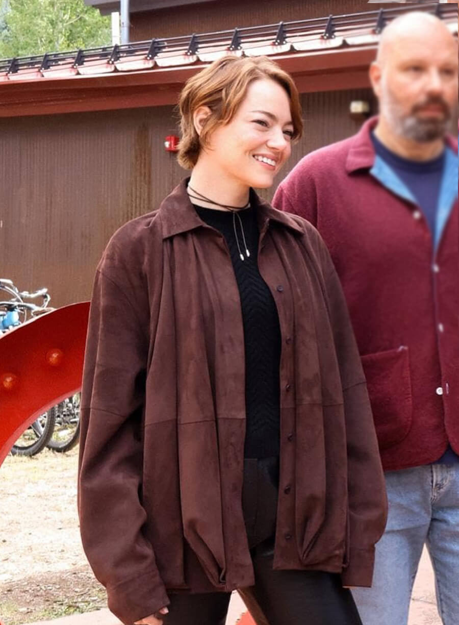 Emma Stone Bugonia 2025 Brown Suede Shirt