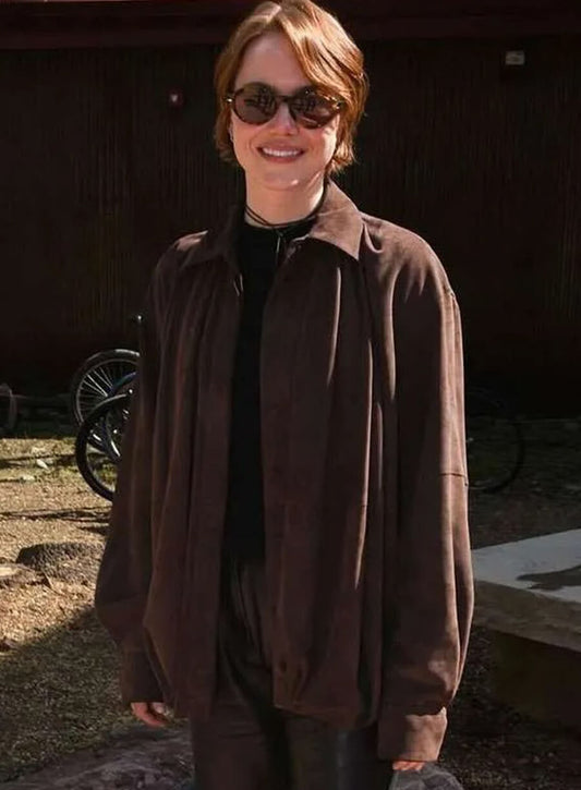 Emma Stone Bugonia 2025 Brown Suede Shirt