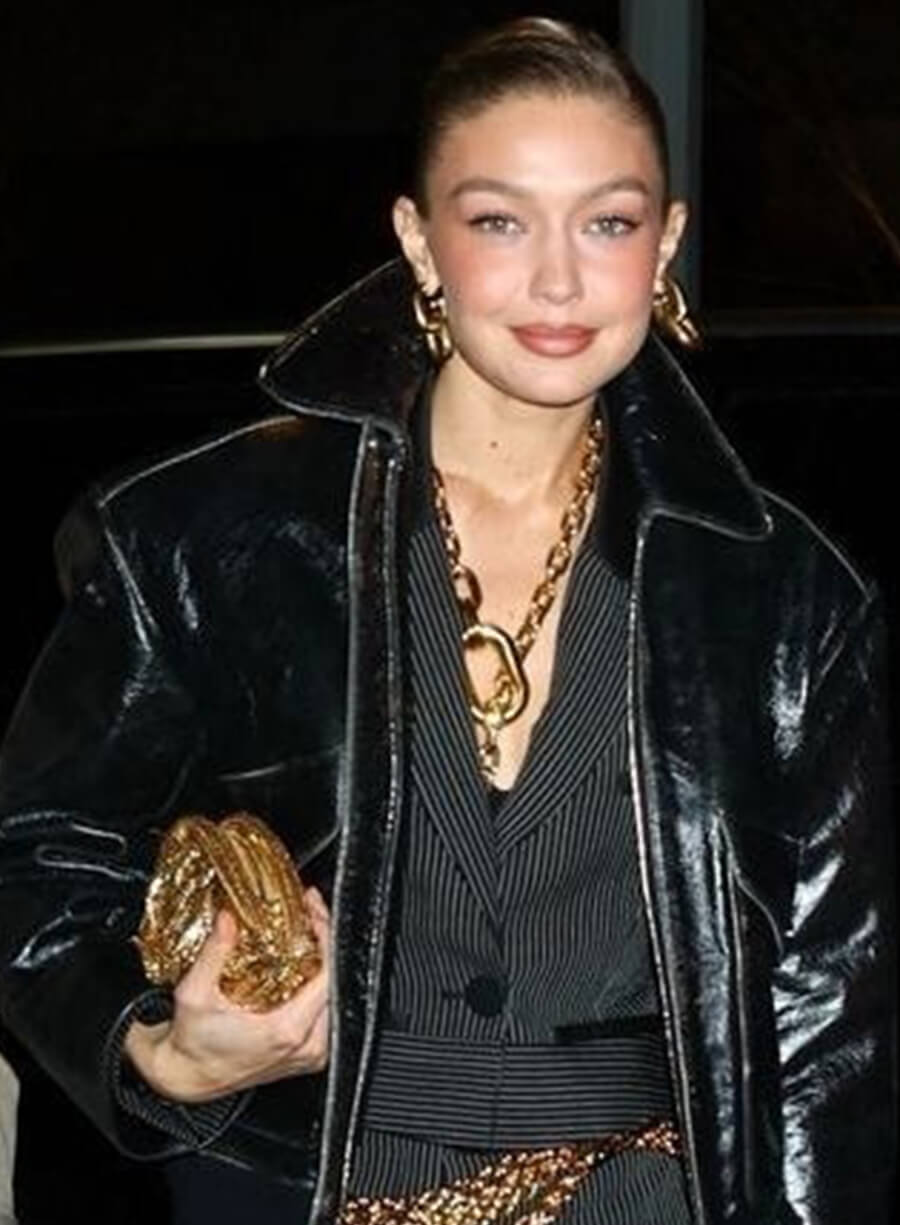 Gigi Hadid 2025 Black Leather Jacket