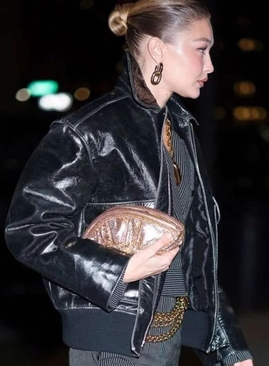 Gigi Hadid 2025 Black Leather Jacket