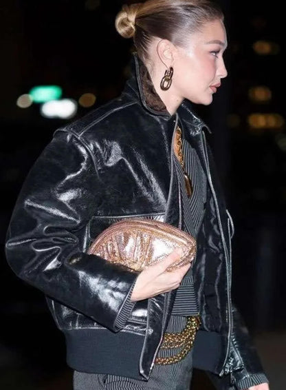 Gigi Hadid 2025 Black Leather Jacket