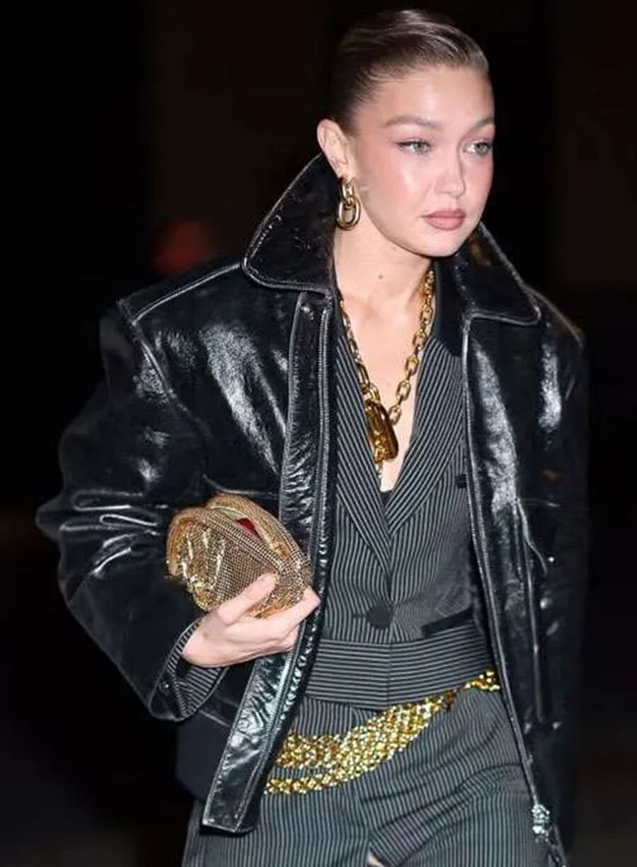 Gigi Hadid 2025 Black Leather Jacket