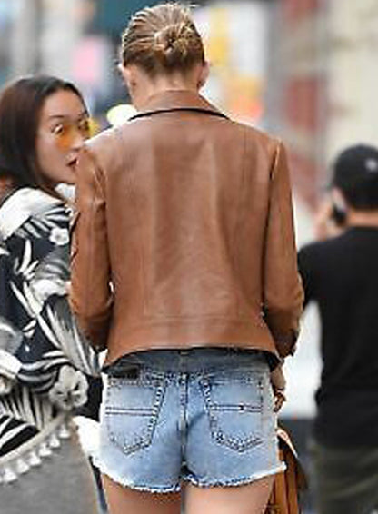 Gigi Hadid Brown Moto Leather Jacket