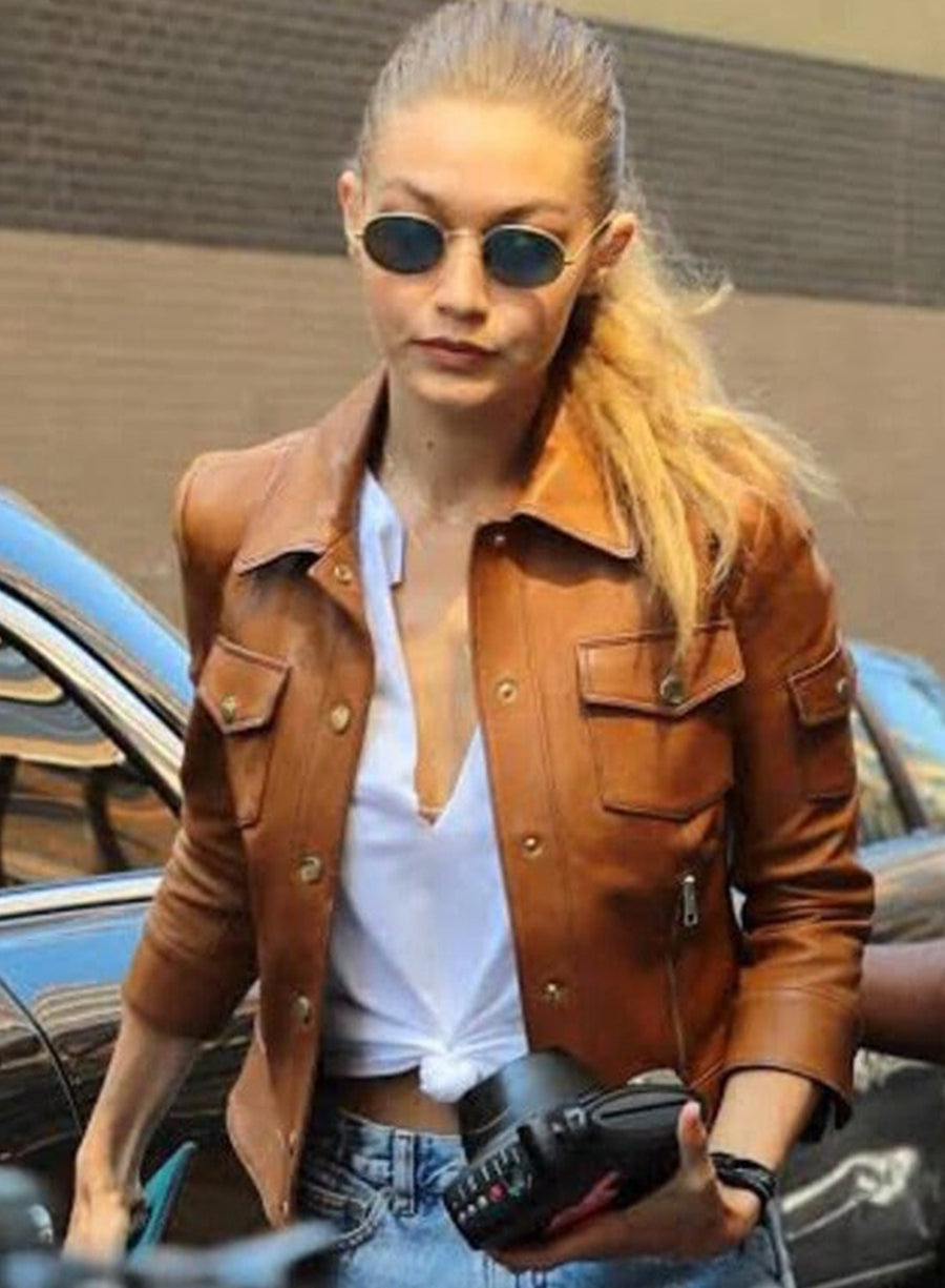 Gigi Hadid Brown Moto Leather Jacket