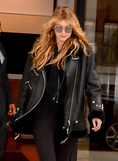 Gigi Hadid Motorcycle Black Shearling Jacket