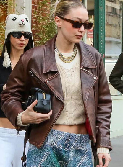 Gigi Hadid NYC Brown Leather Jacket