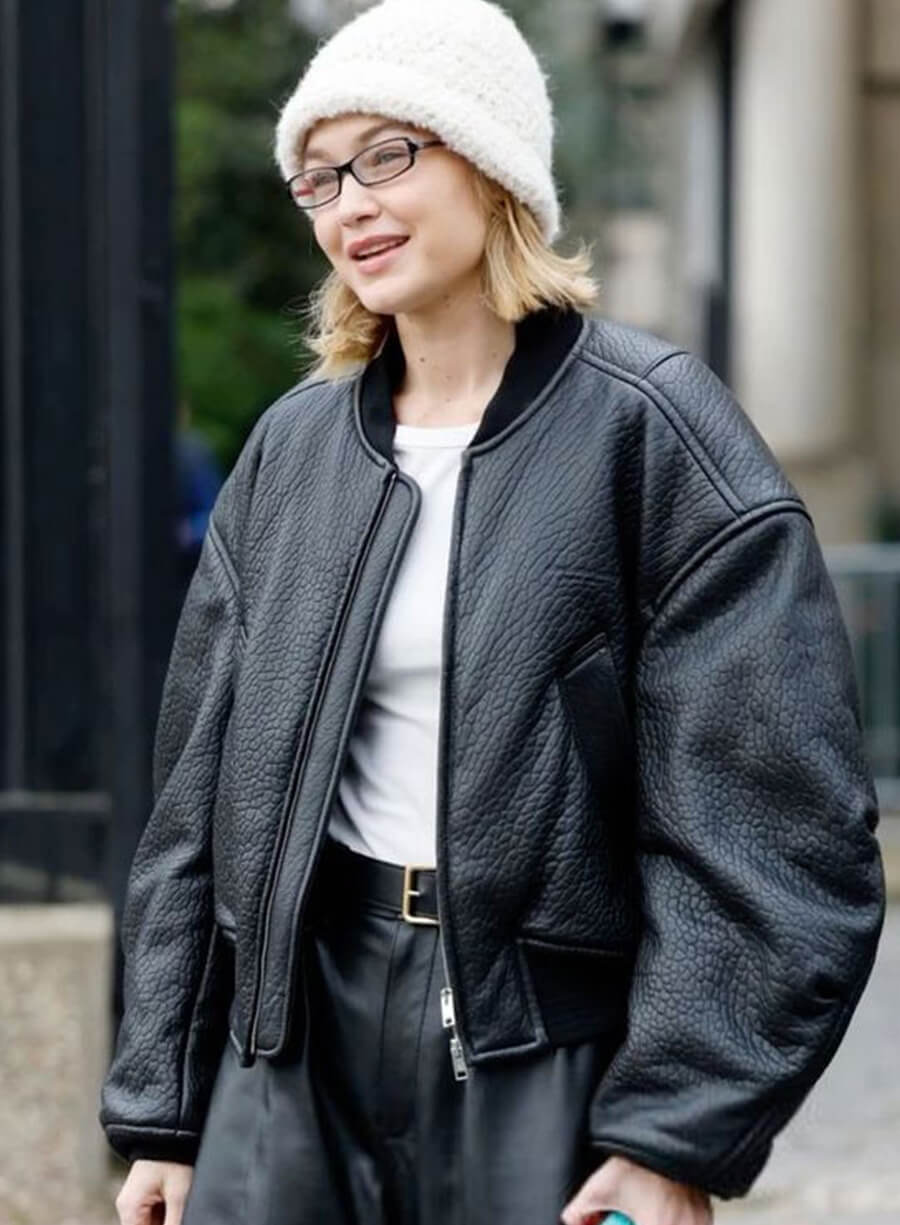 Gigi Hadid Paris Fashion Week Black Bomber Jacket