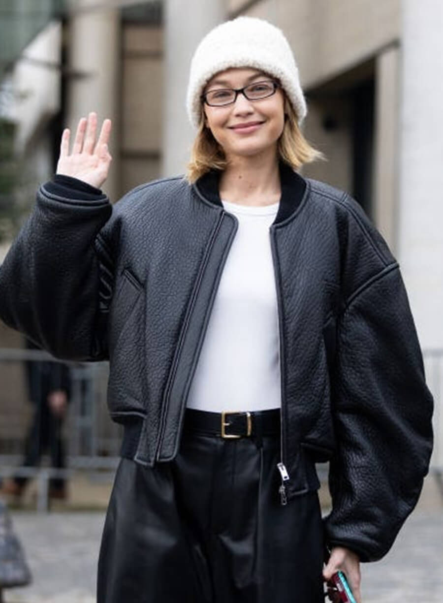Gigi Hadid Paris Fashion Week Black Bomber Jacket