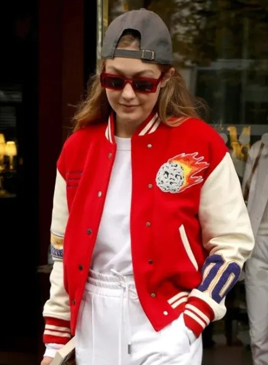 Gigi Hadid Red and White Varsity Jacket