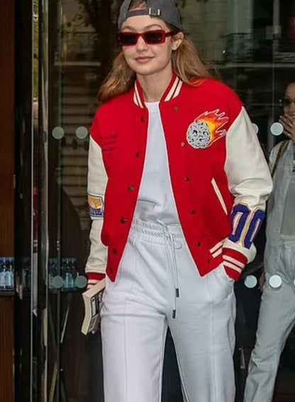 Gigi Hadid Red and White Varsity Jacket