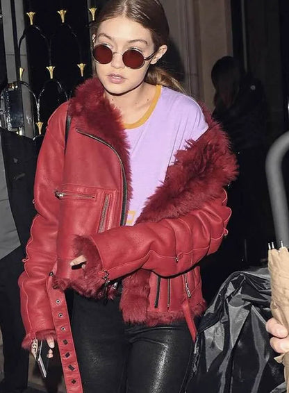 Gigi Hadid Red Fur Leather Jacket