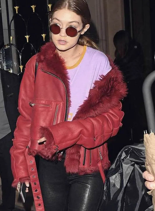 Gigi Hadid Red Fur Leather Jacket